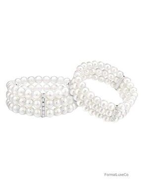2pcs 3-Row Stretch Pearl Bracelet Multi-layered Elastic Bangle Bridal Wedding